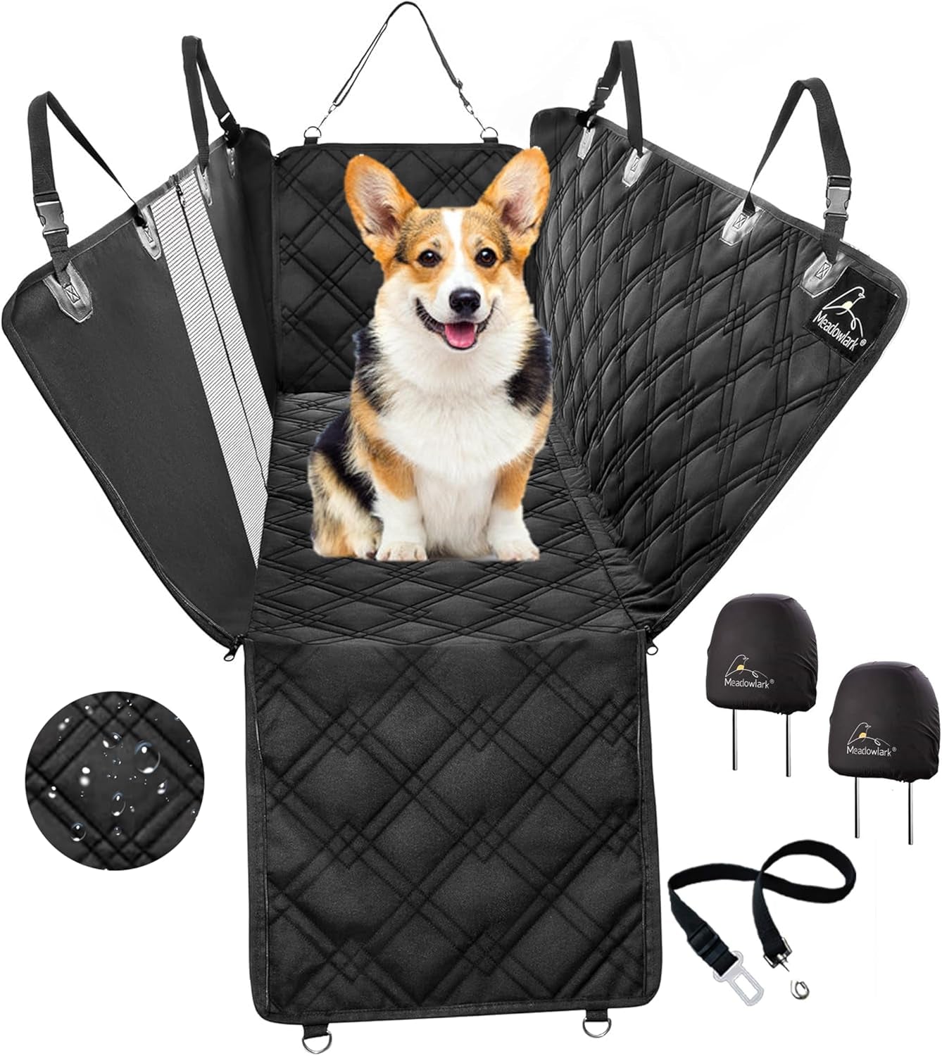 XL Dog Seat Covers Premium Unique Mesh Design & Entire Car Protection-Doors,Headrests & Backseat. Zippered Side Flap, Waterproof Pet Seat Cover + Seat Belt & 2 Headrest Protectors